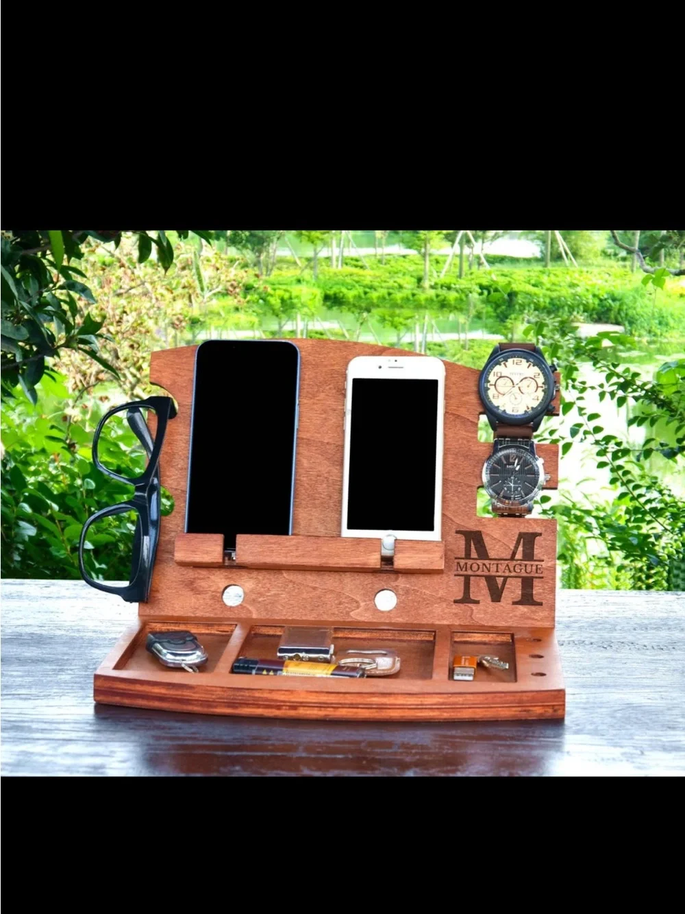 Monogrammed Wooden Valet Docking Station for phones. Apple Watch. Keys. Glasses